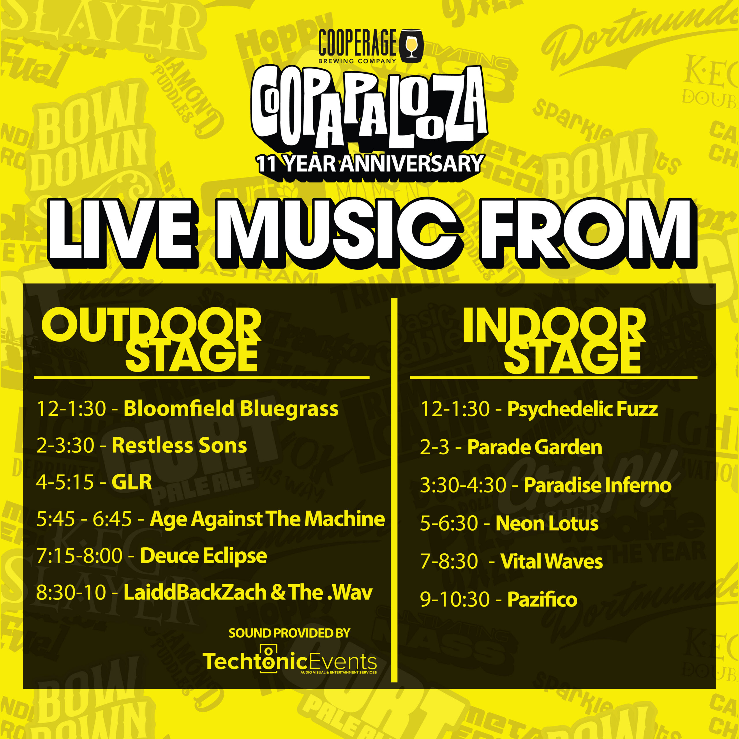 Coopapalooza live music lineup - Outdoor and Indoor stage schedule