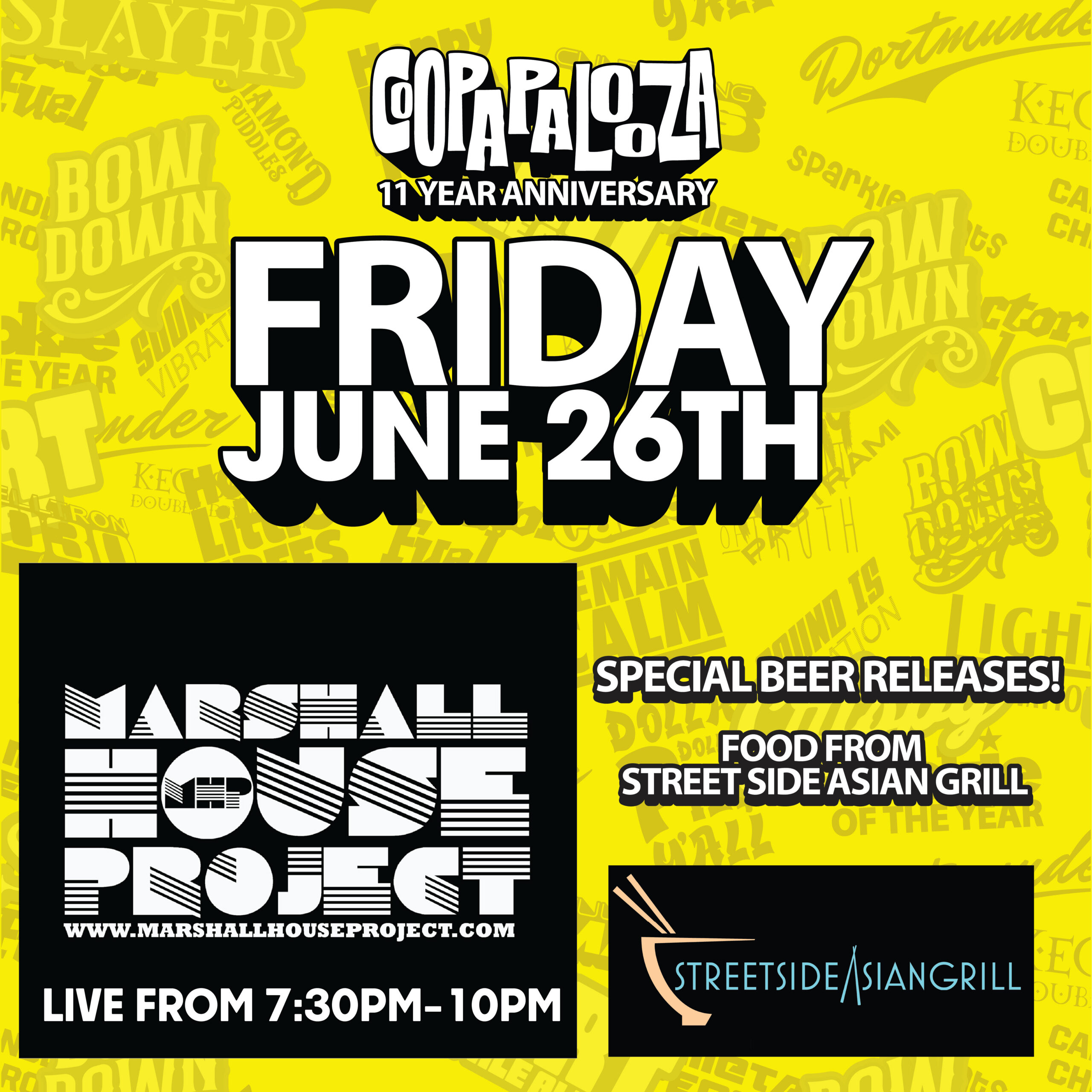 Coopapalooza Friday June 26th kickoff - Marshall House Project live, special beer releases, food from StreetSide Asian Grill